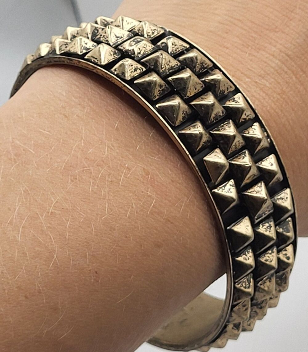 Gothic Steampunk Studded Leather Bangle Wristband 3 Row Gold Pyramid Spike Cuff